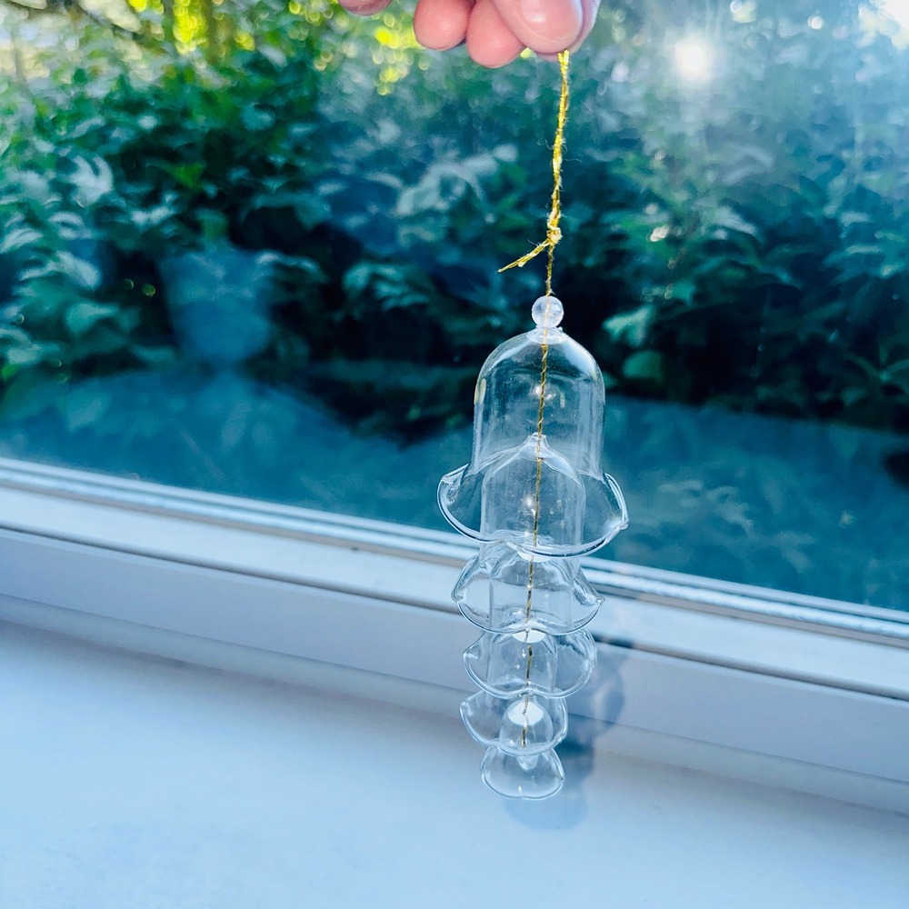 Vintage Hand Blown Clear Glass Tiered Bell Ornament Gold String 4 Nested Bells